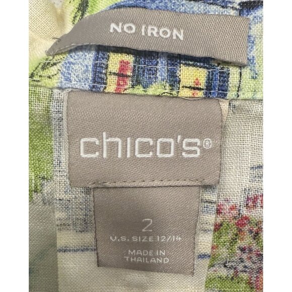 Chicos Womens ButtonShirt Size 2 (L) Linen Scenic Print 3/4 Sleeves Lightweight - Picture 5 of 6